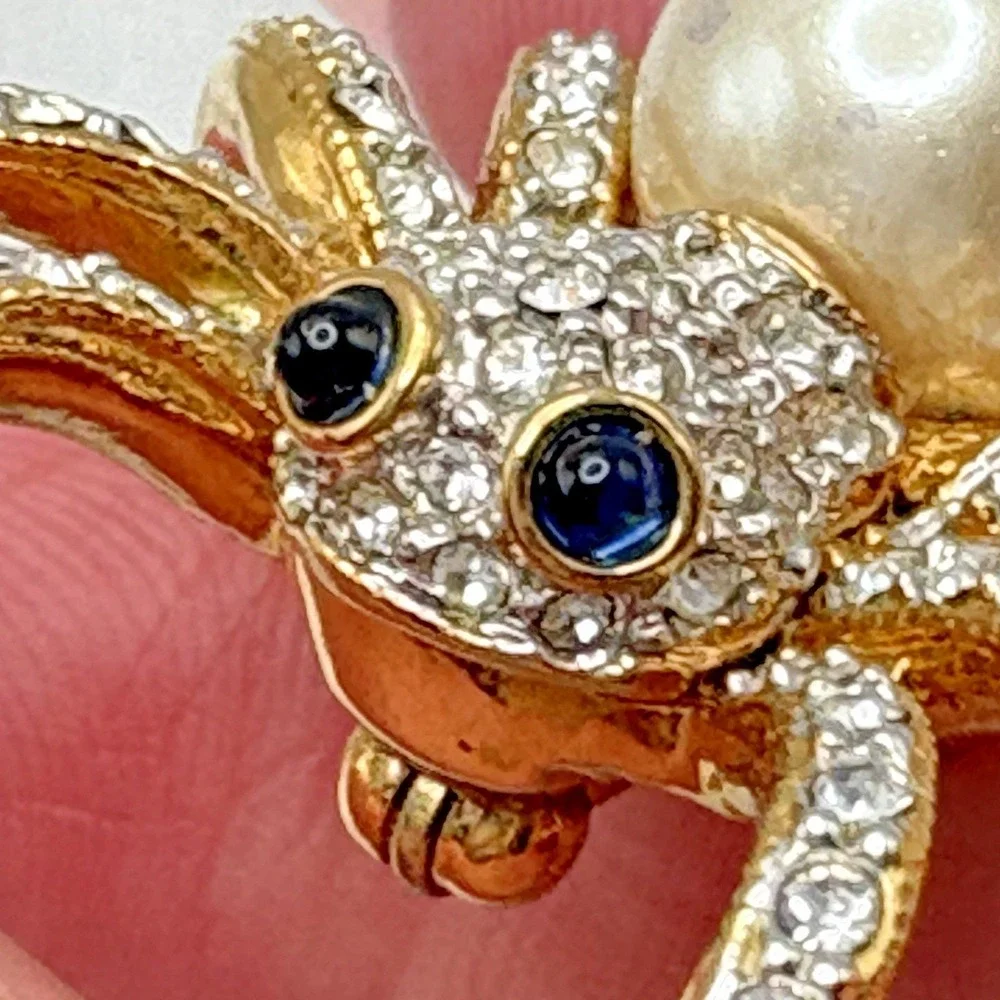 Vintage Swarovski Spider Brooch Pin Gold Tone Faux Pearl 22K Gold Plated